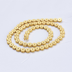 Golden Plated Electroplate Non-magnetic Synthetic Hematite Beads Strands, Frosted, Flower, Golden Plated, 6x2mm, Hole: 1mm, about 66pcs/strand, 15.9 inch(40.5cm)