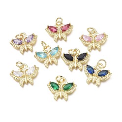 Mixed Color Brass Micro Pave Cubic Zirconia Pendants, with Jump Rings, Butterfly, Real 18K Gold Plated, Mixed Color, 16x19x4mm, Hole: 4.6mm