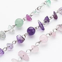 Mixed Stone Handmade Natural Gemstone Beads Chains for Necklaces Bracelets Making, with Iron Eye Pin, Unwelded, Platinum Color, Mixed Color, 39.37 inch(1m)
