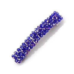 Medium Blue Glass Beaded Hair Barrettes, Curved Retangle Metal Hair Clips, Medium Blue, 90mm