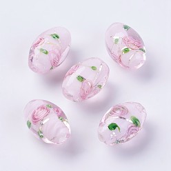 Pink Handmade Silver Foil Lampwork Beads, Inner Flower, Rice, Pink, 16~17x11mm, Hole: 1.5mm