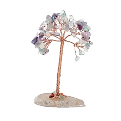 Fluorite Natural Fluorite Chips and Natural Agate with Mixed Stone Pedestal Display Decorations, with Rose Gold Plated Brass Wires, Lucky Tree, 31~42x60~68x100~104mm