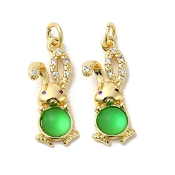 Lime Green Rack Plating Brass Micro Pave Cubic Zirconia Jade Pendants, with Jump Ring, Long-Lasting Plated, Lead Free & Cadmium Free, Real 18K Gold Plated, Rabbit, Lime Green, 23x9x5mm, Hole: 3.5mm