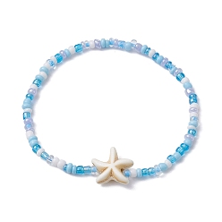White Glass Seed & Synthetic Turquoise Starfish Beaded Stretch Bracelet for Women, White, Inner Diameter: 2-1/4 inch(5.6cm)