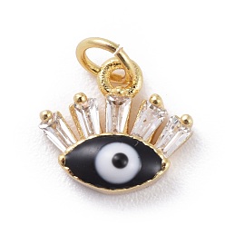 Black Cubic Zirconia Charms, with Brass Findings and Enamel, Eye, Golden, Black, 8.5x9.5x3~3.5mm, Hole: 2.5mm