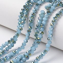 Turquoise Electroplate Glass Beads Strands, Imitation Jade Beads, Pearl Luster Plated, Half Green Plated, Faceted, Rondelle, Turquoise, 8x6mm, Hole: 1mm, about 68pcs/strand, 15.5 inch(38.75cm)
