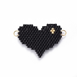 Black MIYUKI & TOHO Handmade Japanese Seed Beads Links, Loom Pattern, Heart, Black, 22x29x1.7mm, Hole: 2.5mm