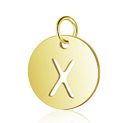Letter X 304 Stainless Steel Charms, Flat Round with Letter, Golden, Letter.X, 12x1mm, Hole: 2.5mm