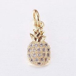 Golden Brass Micro Pave Cubic Zirconia Charms, Pineapple, Golden, 12x6x2.5mm, Hole: 3mm