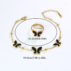 Черный Женские браслеты и кольца из нержавеющей стали, бабочка, золотые, чёрные, браслеты: 7.09 дюйм (18 см)