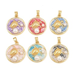 Mixed Color Brass Enamel Pendants, with ABS Plastic Imitation Pearl, Flat Round with Sea Turtle Charms, Real 18K Gold Plated, Mixed Color, 21.5x18.5x6mm, Hole: 4.5x3mm
