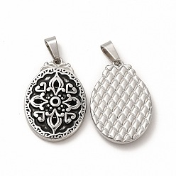 Antique Silver Ion Plating(IP) 304 Stainless Steel Pendants, with 201 Stainless Steel Clasp, Oval with Flower Charms, Antique Silver, 23x16x3mm, Hole: 3mm