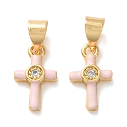 Pink Латунные микропаве прозрачные кубические циркониевые подвески, с эмалью, крест прелести, стойки покрытие, долговечный, без кадмия и без свинца, реальный 18 k позолоченный, розовые, 12.5x7.5x2 мм, отверстие : 5x3.5 мм