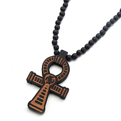 Saddle Brown Wood Ankh Cross Pendant Necklace with Round Beaded for Men Women, Saddle Brown, 35.43 inch(90cm)