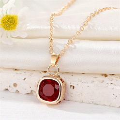 Red square necklace Stylish Crystal Geometric Necklace with Square Diamonds and French Gold Trim