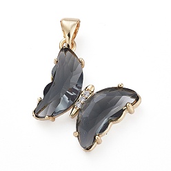 Шифер Серый Латунные микропаве прозрачные подвески с фианитом, со стеклом, бабочка, золотые, шифер серый, 24x21.5x4 мм