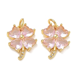 Pink Brass Micro Pave Cubic Zirconia with Glass Pendants, Clover Charms, Rack Plating, Long-Lasting Plated, Cadmium Free & Lead Free, Golden, Pink, 15.5x12x3.5mm, Hole: 3mm