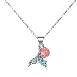 falling chain Mermaid Dolphin Pendant Necklace - Natural Strawberry Crystal, Peach Blossom, Student Mori Style.