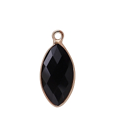 Black Agate Natural Black Agate Pendants, with Golden Plated Brass Edge, Faceted, Horse Eye Charms, 17x9mm