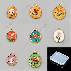 Couleur Mélangete 24 pcs 8 styles pendentifs en émail en alliage, ovale avec breloques fleurs, or, couleur mixte, 21~23x15~16x2~3mm, Trou: 1.4~1.6mm, 3 pcs / style