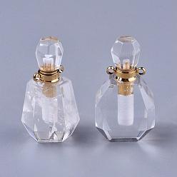 Quartz Crystal Faceted Natural Quartz Crystal Pendants, Rock Crystal Pendants, Openable Perfume Bottle, with Golden Tone Brass Findings, 36~37x18.5~20x13~14mm, Hole: 1.8mm, Bottle Capacity: 1ml(0.034 fl. oz)
