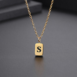 Letter S Titanium Steel Rectangle with Initial Letter Pendant Necklace with Cable Chains for Women, Golden, Letter.S, 17.72 inch(45cm)