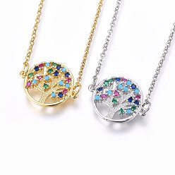 Mixed Color 304 Stainless Steel Pendant Necklaces, with Cubic Zirconia, Colorful, Flat Round with Life Tree, Mixed Color, 17.71 inch(45cm)