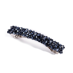 Prussian Blue Glass Beaded Hair Barrettes, Curved Retangle Metal Hair Clips, Prussian Blue, 90mm