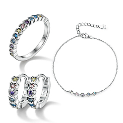Platinum Rhodium Plated Sterling Silver Heart Finger Rings & Link Bracelets & Hoop Earrings, Colorful Cubic Zirconia Heart Jewelry Set, with 925 Stamp, Platinum, Inner Diameter: 16mm