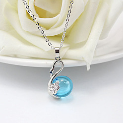 Deep Sky Blue Swan with Glass Ball Perfume Bottle Necklace with Brass Chains for Women, Platinum, Deep Sky Blue, 19.69 inch(50cm)