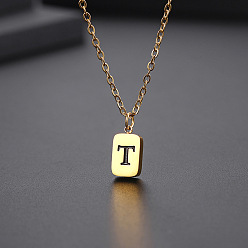 Letter T Titanium Steel Rectangle with Initial Letter Pendant Necklace with Cable Chains for Women, Golden, Letter.T, 17.72 inch(45cm)