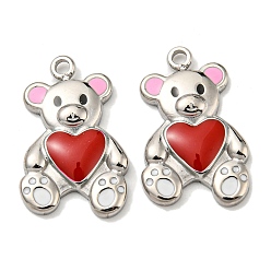 Stainless Steel Color 304 Stainless Steel Enamel Pendants, Bear with Heart Charm, Stainless Steel Color, 18x12x2.5mm, Hole: 1.5mm