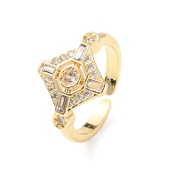 Настоящее золото 18K Открытое кольцо-манжета с ромбами из прозрачного циркония, стеллаж для латунных украшений для женщин, без свинца и без кадмия, реальный 18 k позолоченный, внутренний диаметр: 16.4 мм