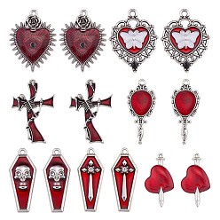Platinum 14Pcs 7 Style Halloween Alloy Rhinestone Pendants, with Enamel, for DIY Necklace Bracelet Earring Accessories, Heart with butterfly & Cross & Mirror, Platinum, 30x25mm, 2pcs/style
