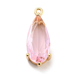 Pink Brass Pave Cubic Zirconia Pendants, Teardrop, Real 14K Gold Plated, Pink, 19.5x7.5x5.5mm, Hole: 1.2mm