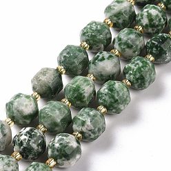 Green Spot Jasper Natural Green Spot Jasper Beads Strands, with Seed Beads, Faceted Bicone Barrel Drum, 9~10mm, Hole: 1.2mm, about 29~32pcs/strand, 14.45~14.84 inch(36.7~37.7cm)