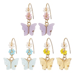 Mixed Color 3 Pairs 3 Colors Alloy Acrylic Butterfly Dangle Earrings, Seed Beaded Flower Drop Earrings with 304 Stainless Steel Pins, Mixed Color, 30x14mm, 1 Pair/colors