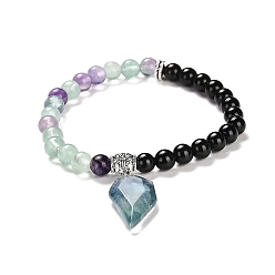 Obsidian Natural Black Obsidian & Fluorite Round Beaded Stretch Bracelets, with Half Heart Charms, Inner Diameter: 2-1/4 inch(5.75cm)