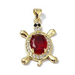 Красный Покрытие стойки настоящее 18k позолоченное латунное микро-паве подвески из кубического циркония, со стеклом, долговечный, без свинца и без кадмия, черепаха, красные, 24x16.5x5.5 мм, отверстие : 3x3.5 мм