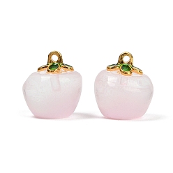 Pink Окрашенного распылением стеклянные подвески, с латунной эмалированной фурнитурой, яблоко, розовые, 15.5x13~14 мм, отверстие : 1.4 мм