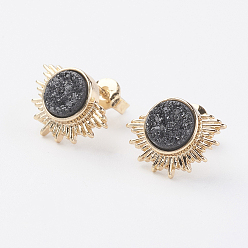 Black Electroplate Natural Druzy Agate Stud Earrings, with Brass Findings, Sun, Golden, Black, 10x14x3~4mm, Pin: 0.8mm