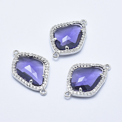 Mauve Brass Micro Pave Cubic Zirconia Links, with Glass, Faceted, teardrop, Platinum, Mauve, 27x18x4.5mm, Hole: 1.4mm