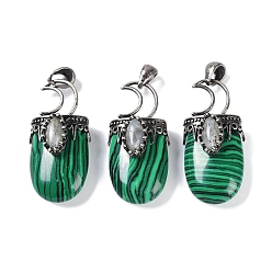 Малахит Синтетического малахита подвески, Луна прелести, со стойкой, фурнитура из латуни, античная посеребренная, без свинца и без кадмия, 43.5~45x20~22x14.5~15.5 мм, отверстие : 6.5x5 мм