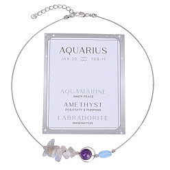 Amethyst Natural Mixed Gemstone Chips & Round Beaded Pendant Necklaces, Constellation Style Necklace with Platinum Brass Chains, 16.14~19.69 inch(41~50cm)