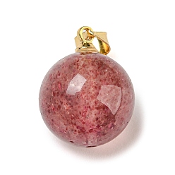 Strawberry Quartz Natural Strawberry Quartz Sphere Pendants, Round Charms with Golden Plated Alloy Snap on Bails, 15.5x12mm, Hole: 3.6x4.8mm