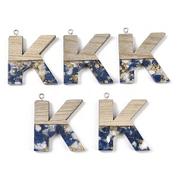 Letter K Кулоны из непрозрачной смолы и дерева, буквы, с платиновой петлей, Письмо K, 37.5~45x11~53x6 мм, отверстие : 2 мм