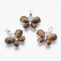 Tiger Eye Natural Tiger Eye Pendants, Butterfly, with Brass Finding, Platinum, 24x30x7.5~8mm, Hole: 4x7.5mm