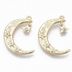 Real 18K Gold Plated Brass Micro Pave Cubic Zirconia Pendants, Moon with Star & Bell, Nickel Free, Clear, Real 18K Gold Plated, 25.5x18x2.5mm, Hole: 1.2mm