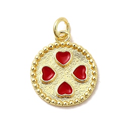 Красный Латунь эмаль подвески, плоские круглые с подвесками в виде сердечек и соединительными кольцами, без свинца и без кадмия, долговечный, стойки покрытие, реальный 18 k позолоченный, красные, 17.5x15x2 мм, отверстие : 3.4 мм