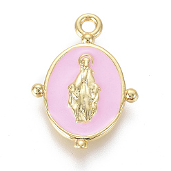 Pearl Pink Golden Plated Brass Enamel Pendants, Oval with Virgin Mary Religion, Pearl Pink, 18.5x13x2mm, Hole: 1.6mm